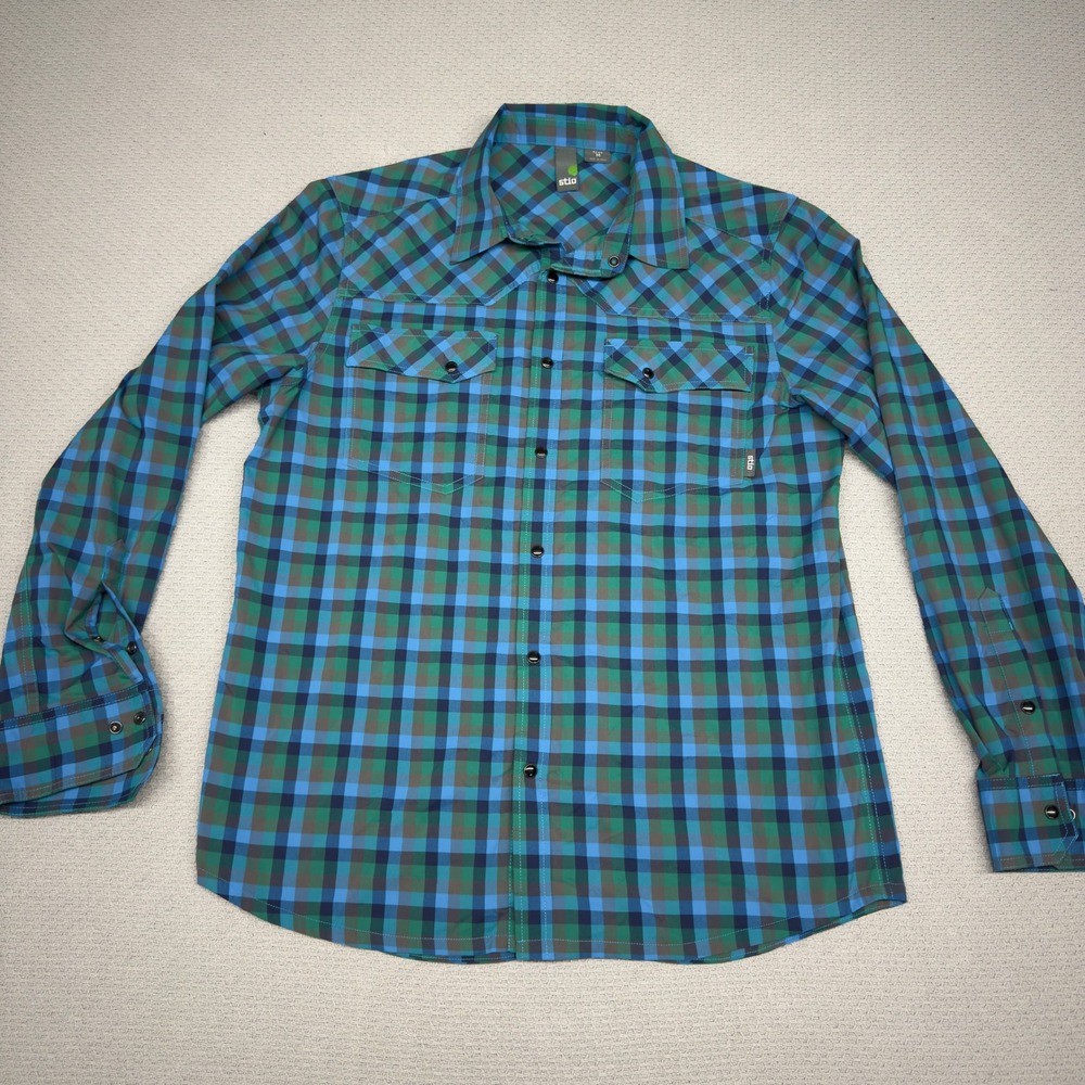 Stio Pearl Snap Shirt Mens M Nylon Blue Green Plaid Western Performance Fishing